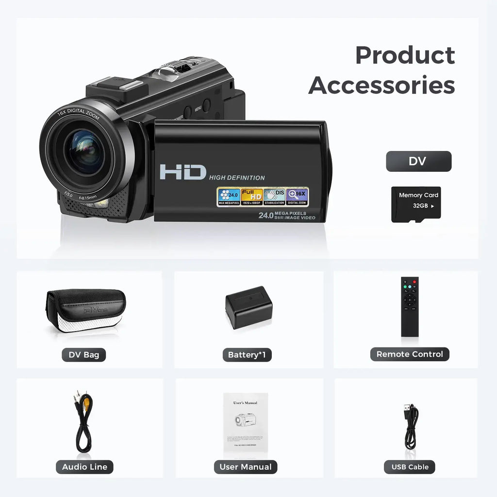 FHD 1080P Vlogging Camera with 24MP, 270° Rotating Screen, 16X Zoom, Microphone & Remote Control - Perfect for YouTube Creators!