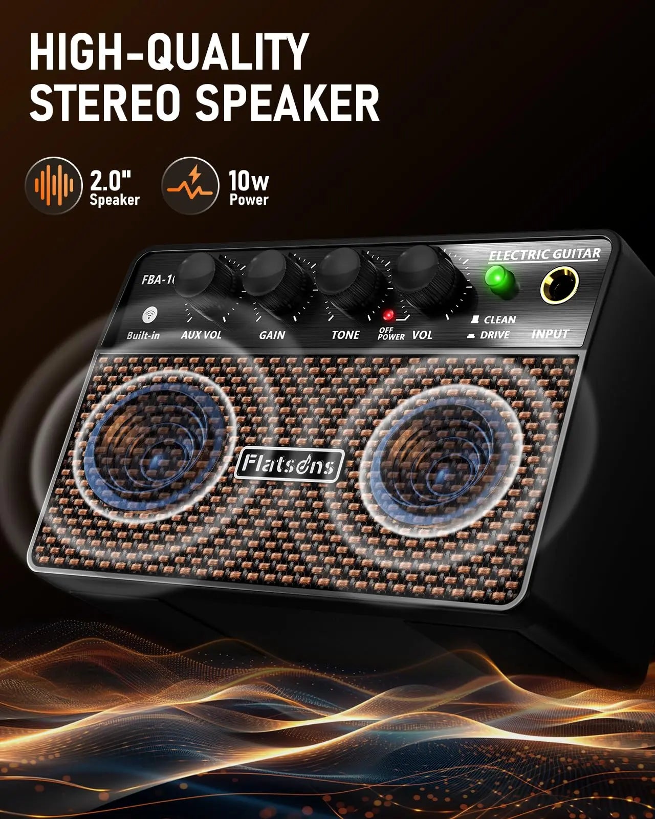 Flatsons FBA-10 Guitar Amp, 3.5Mm Headphone/Aux Jack, 10W Mini Electric Guitar Amplifier with Clean/Drive Channel,,Usb-C Rechargeable, Wireless Portable Amp for Indoor Practice, Traveling，6H Working