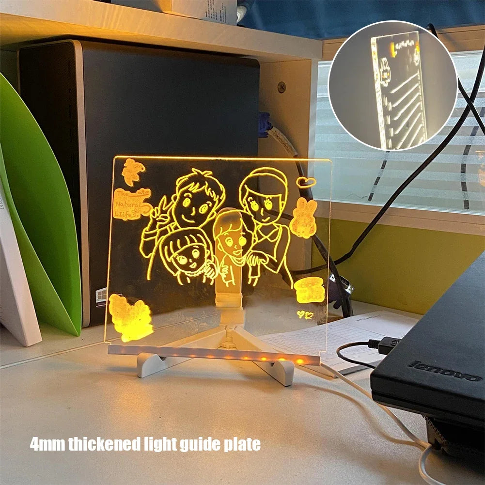 LED Acrylic Glowing Message Board, Rewritable DIY Drawing Board for Children, Night Light Lamp with 7 Color Pens