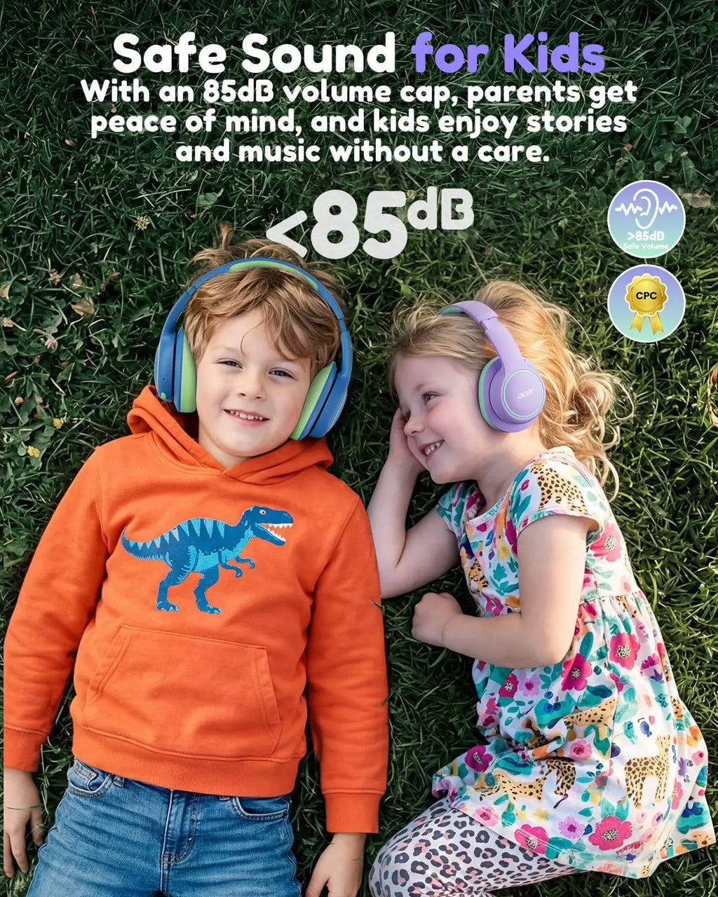 Get the Acer OHR702 Kids Bluetooth Headphones! 🎧 Perfect for little ones with 75H playtime, safe volume, and fast charging! Ideal for iPads, tablets, travel, and school! 🌈💜💚 #KidsHeadphones #SummerVibes
