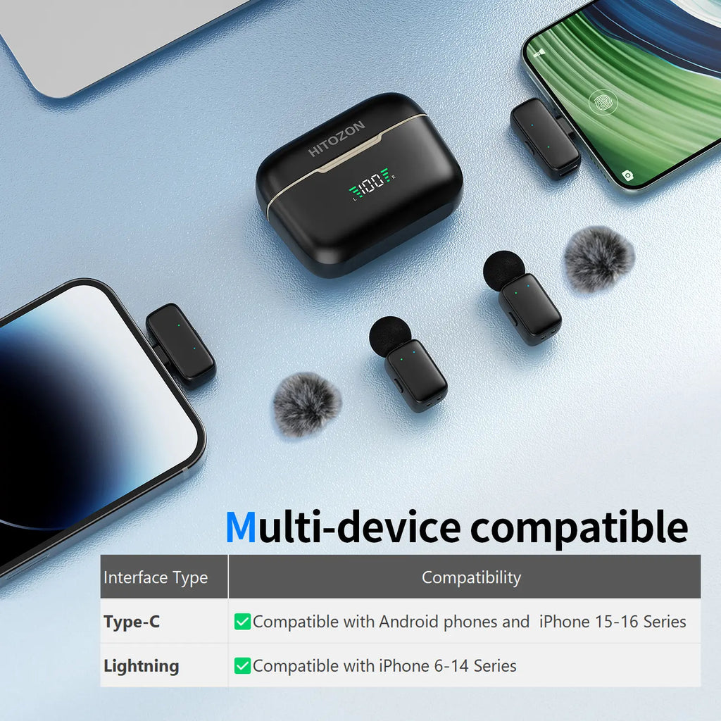 HITOZON 2.4G Professional Wireless Clip-On Lapel Mic - Noise Canceling Audio Mic, AI Voice Changing, Charging, Lightning Compatible for Smartphones & Cameras, Plug-And-Play for Live Streaming