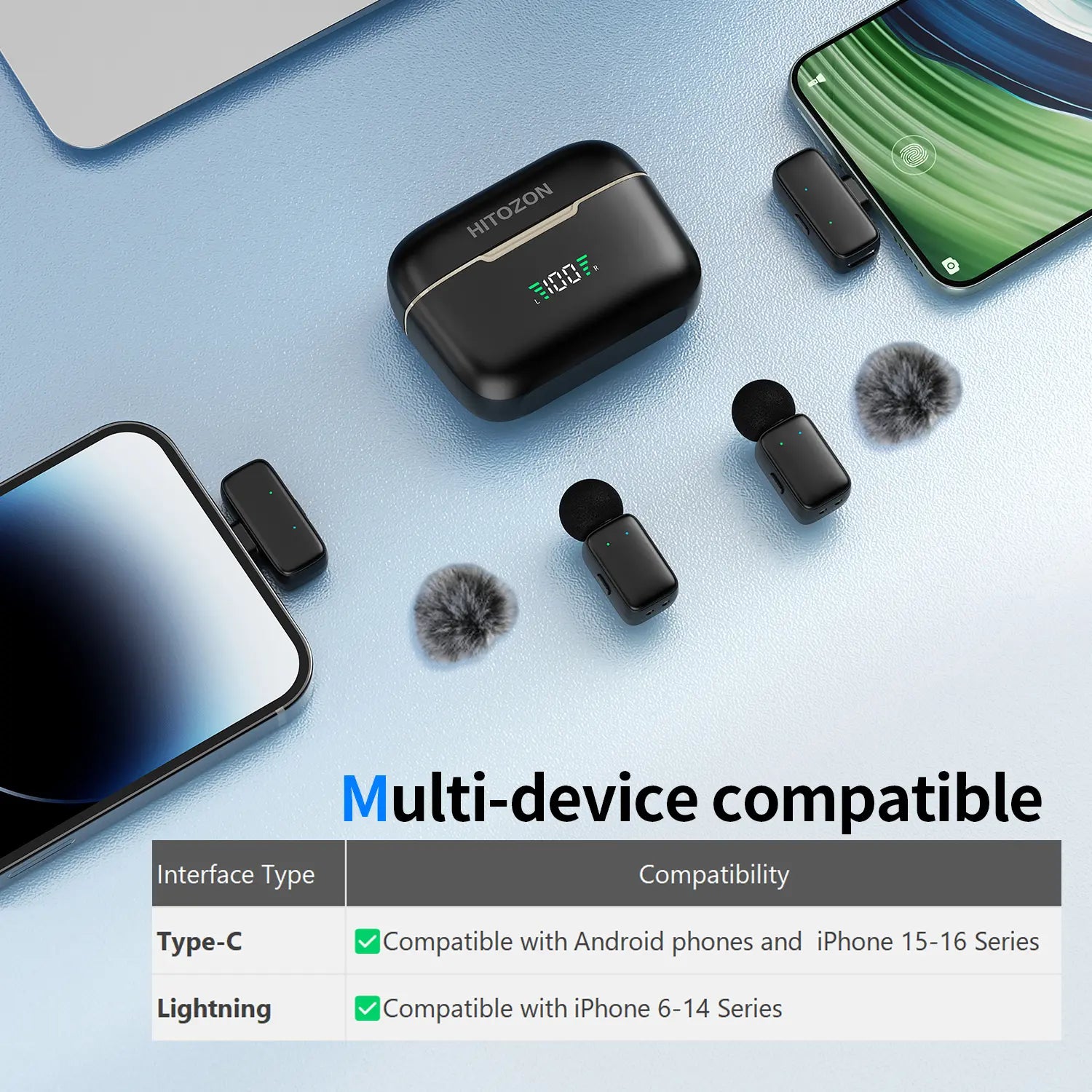 HITOZON 2.4G Professional Wireless Clip-On Lapel Mic - Noise Canceling Audio Mic, AI Voice Changing, Charging, Lightning Compatible for Smartphones & Cameras, Plug-And-Play for Live Streaming