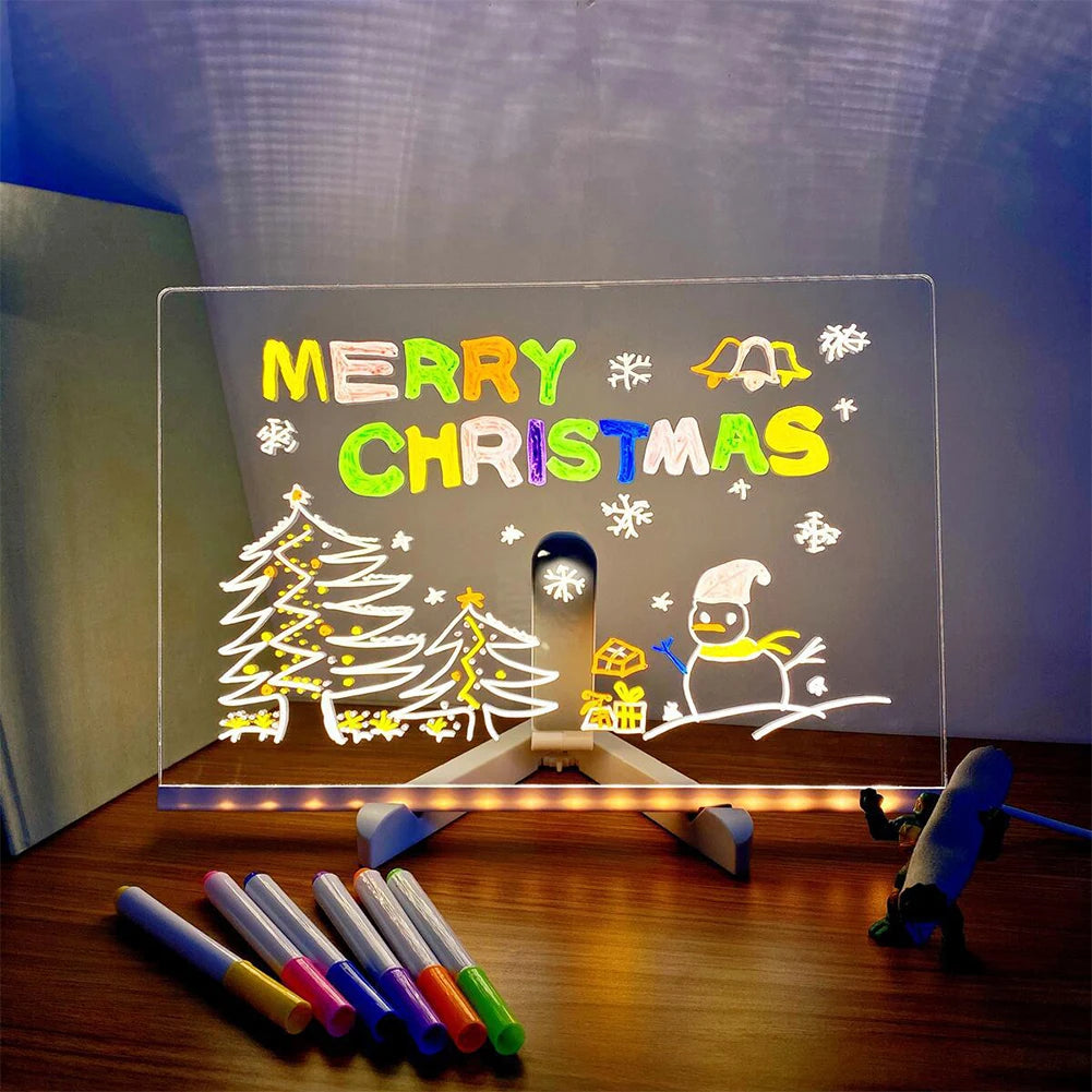LED Acrylic Glowing Message Board, Rewritable DIY Drawing Board for Children, Night Light Lamp with 7 Color Pens