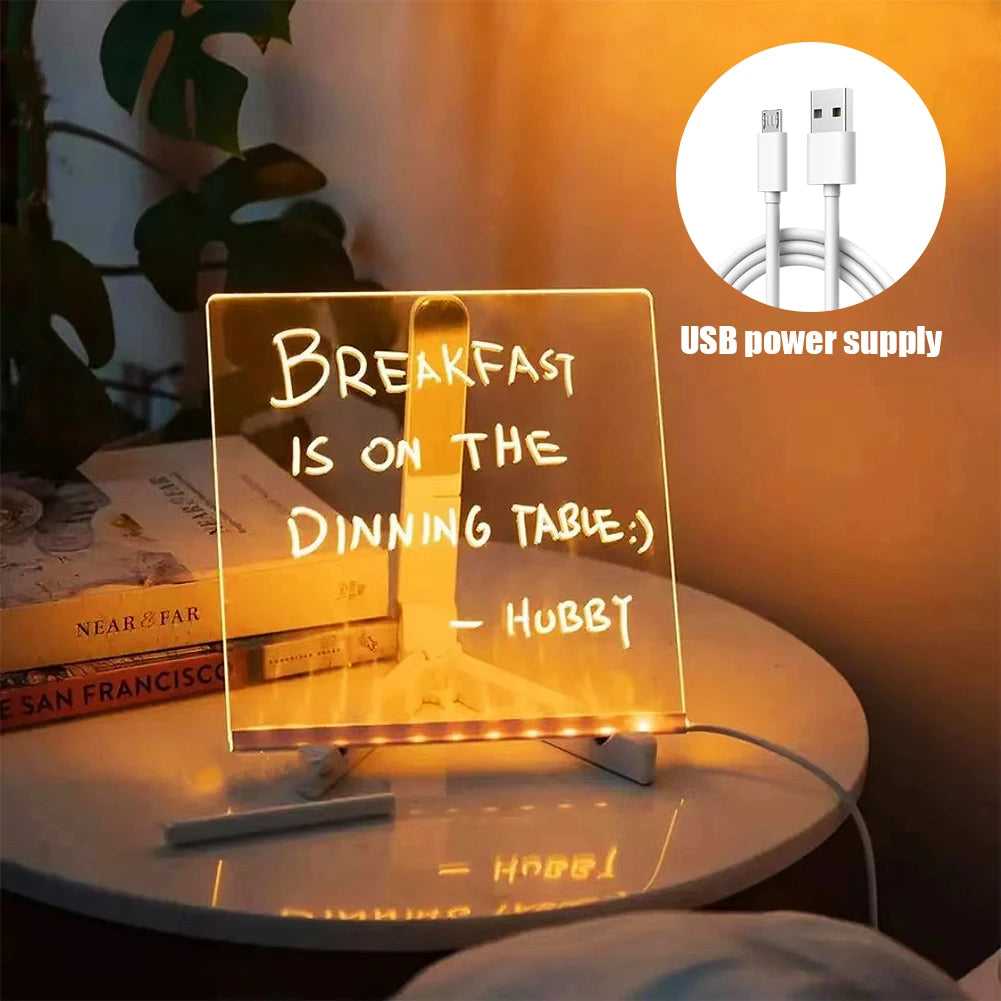 LED Acrylic Glowing Message Board, Rewritable DIY Drawing Board for Children, Night Light Lamp with 7 Color Pens