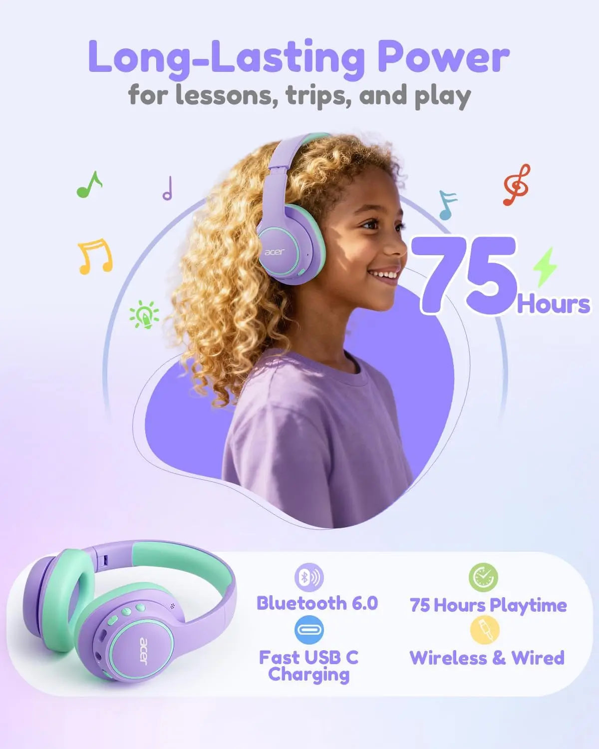 Get the Acer OHR702 Kids Bluetooth Headphones! 🎧 Perfect for little ones with 75H playtime, safe volume, and fast charging! Ideal for iPads, tablets, travel, and school! 🌈💜💚 #KidsHeadphones #SummerVibes