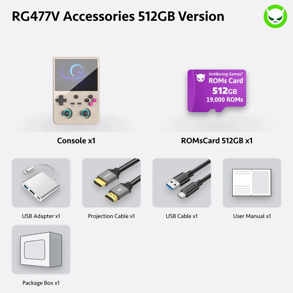Get the Anbernic RG477V and score a FREE HDMI cable (8K), multi-port adapter, Type-C cable, and ROMs card! Experience stunning visuals with a 4.7" LTPS display and powerful Dimensity 8300 processor. Ready to play with Bluetooth and a 5500mAh battery!
