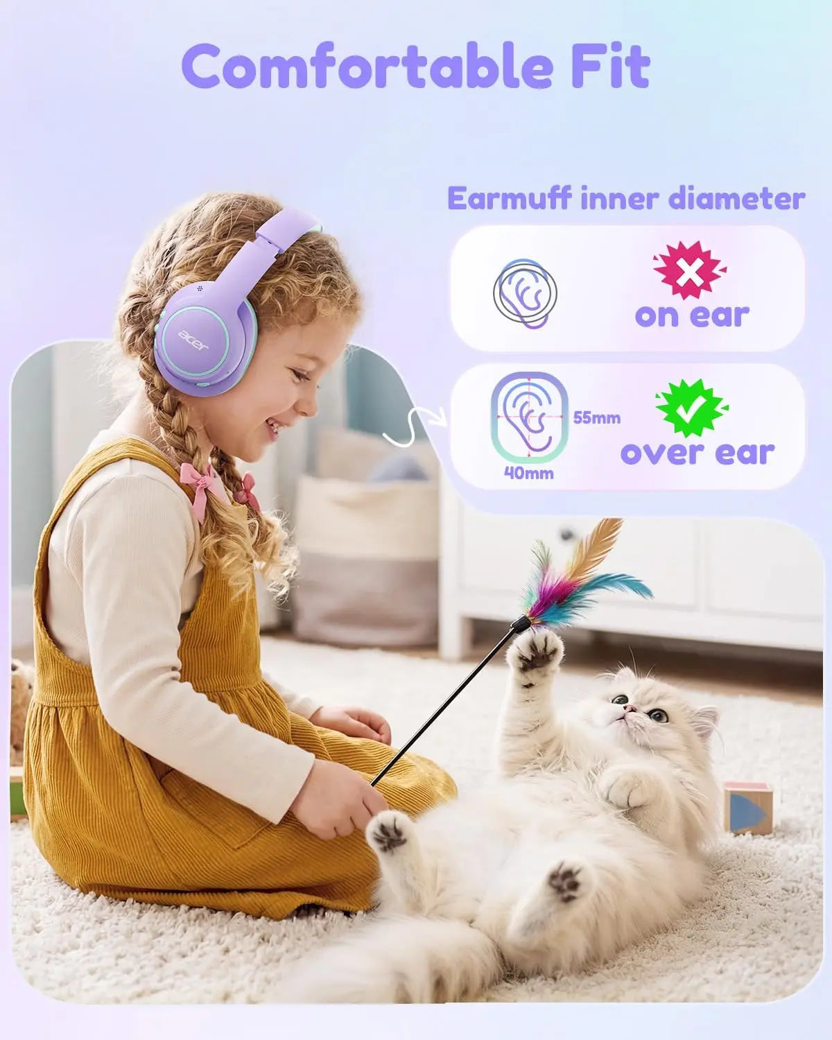 Get the Acer OHR702 Kids Bluetooth Headphones! 🎧 Perfect for little ones with 75H playtime, safe volume, and fast charging! Ideal for iPads, tablets, travel, and school! 🌈💜💚 #KidsHeadphones #SummerVibes