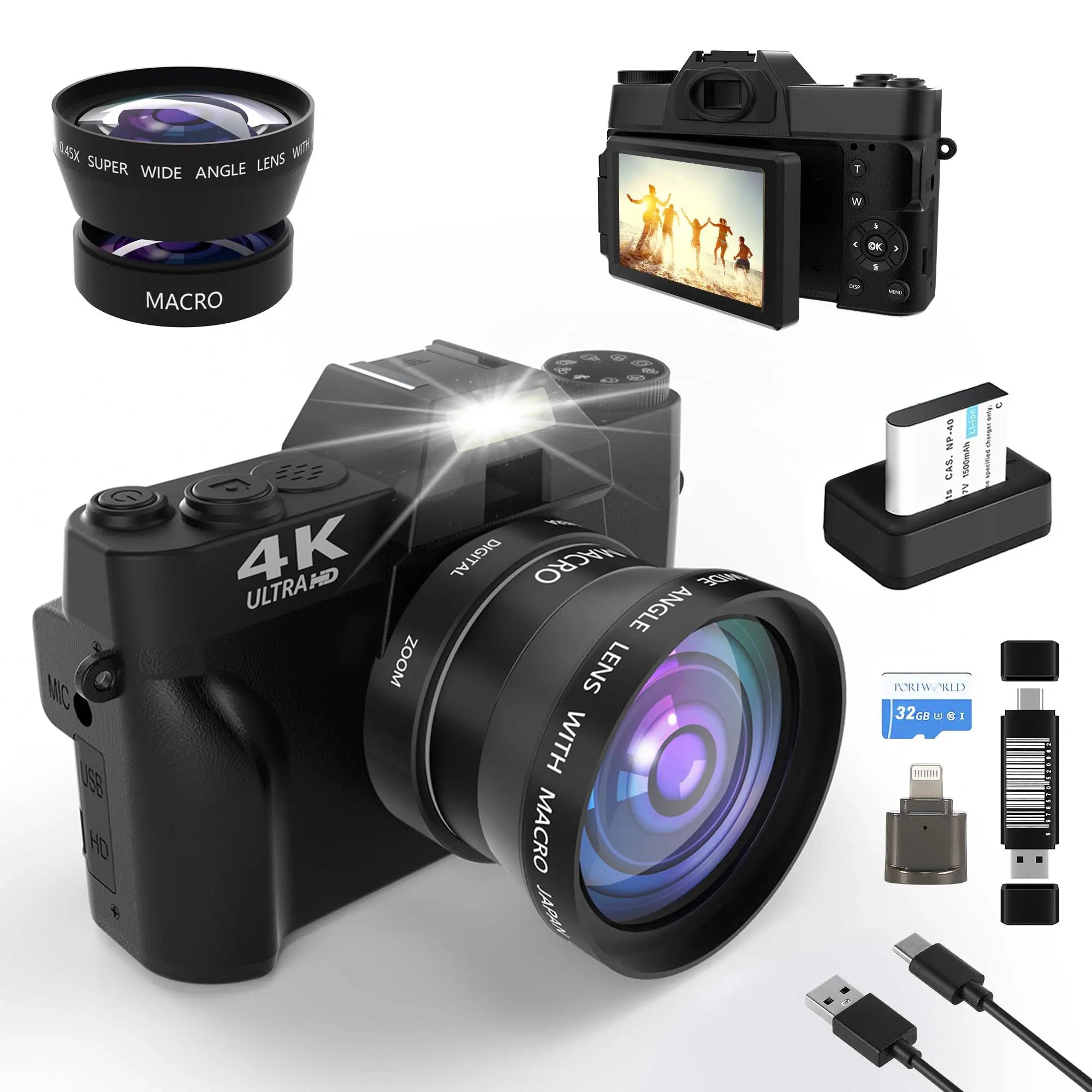 Capture Your Moments: 4K 56MP Vlogging Camera with 180° Flip Screen, 16X Digital Zoom & 32GB TF Card - Perfect Summer Gift (Black)