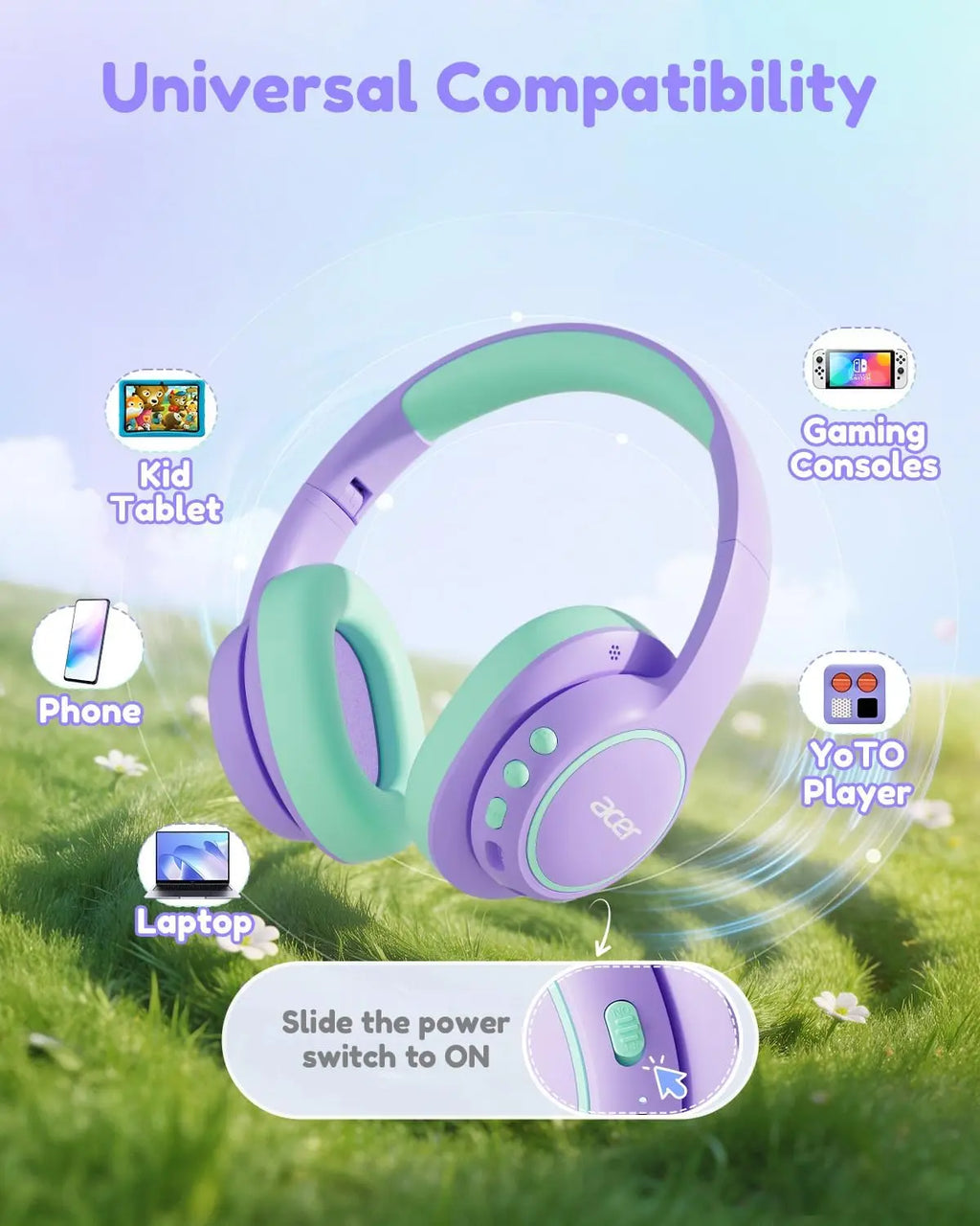 Get the Acer OHR702 Kids Bluetooth Headphones! 🎧 Perfect for little ones with 75H playtime, safe volume, and fast charging! Ideal for iPads, tablets, travel, and school! 🌈💜💚 #KidsHeadphones #SummerVibes