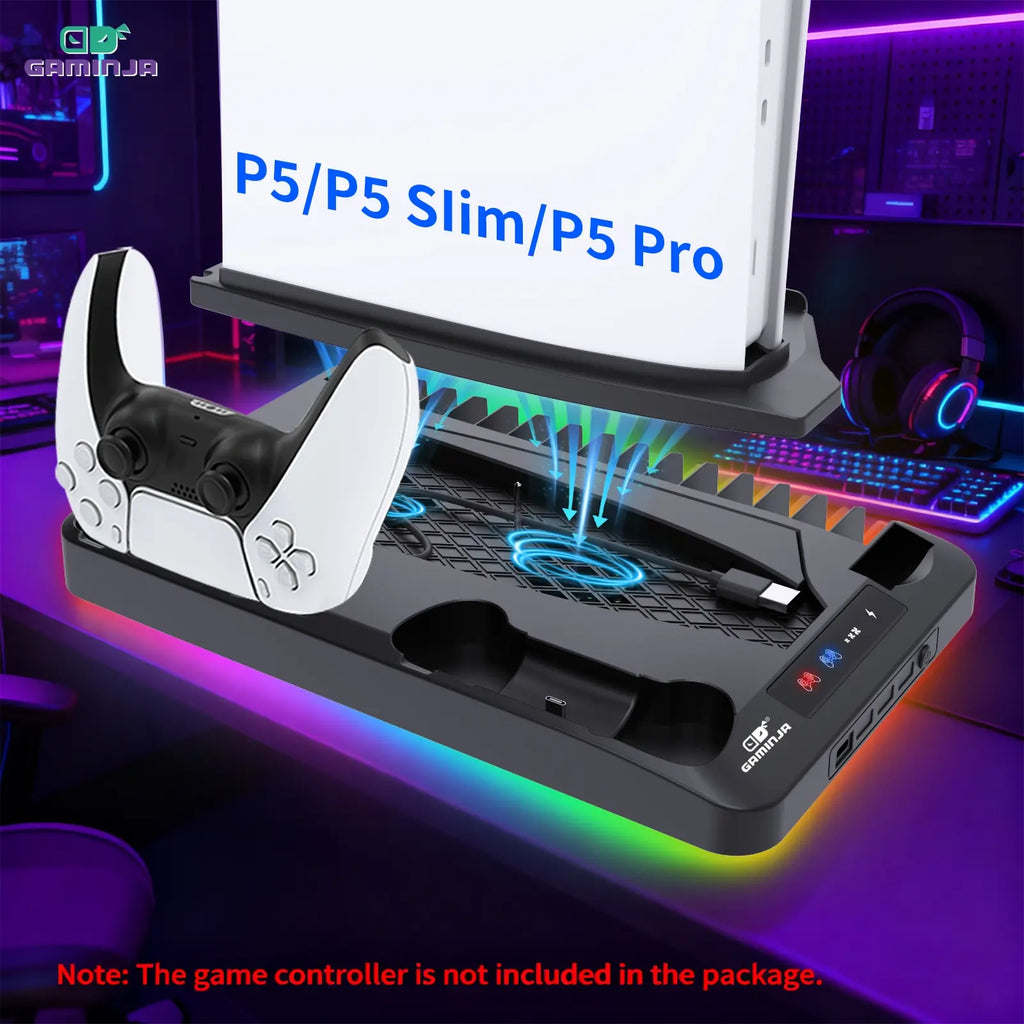GAMINJA P58 Multi-Functional Cooling & Charging Station for PS5 - Vertical Stand & Cooling Fan for All Models