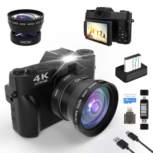 Capture Your Moments: 4K 56MP Vlogging Camera with 180° Flip Screen, 16X Digital Zoom & 32GB TF Card - Perfect Summer Gift (Black)