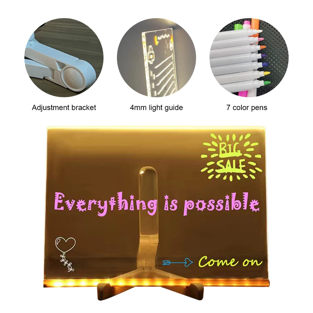 LED Acrylic Glowing Message Board, Rewritable DIY Drawing Board for Children, Night Light Lamp with 7 Color Pens