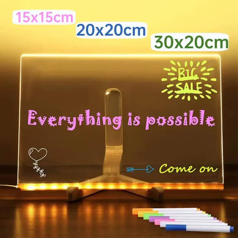 LED Acrylic Glowing Message Board, Rewritable DIY Drawing Board for Children, Night Light Lamp with 7 Color Pens