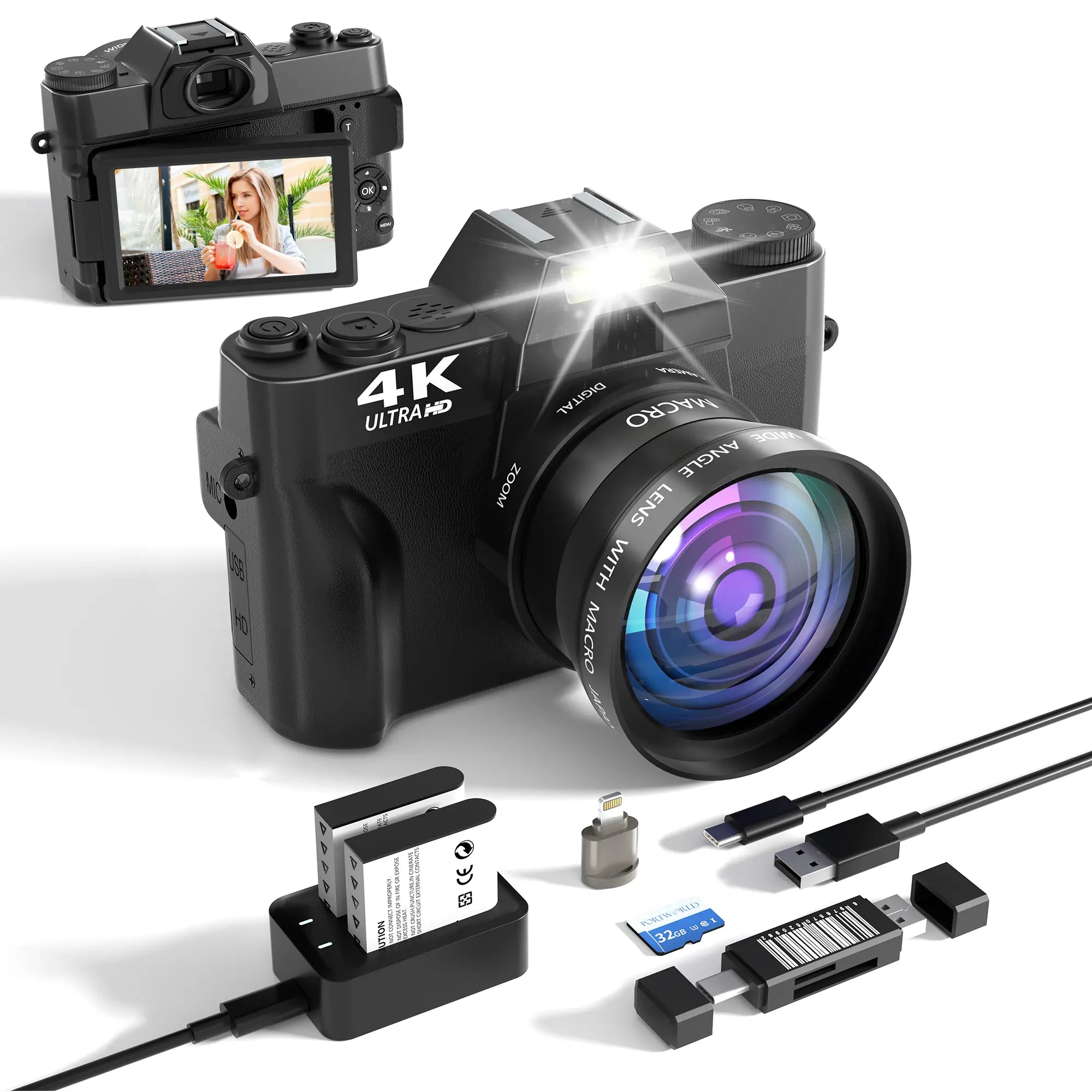 Capture Your Moments: 4K 56MP Vlogging Camera with 180° Flip Screen, 16X Digital Zoom & 32GB TF Card - Perfect Summer Gift (Black)