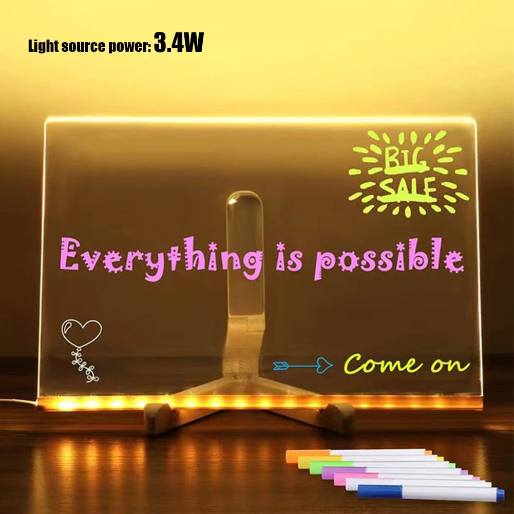 LED Acrylic Glowing Message Board, Rewritable DIY Drawing Board for Children, Night Light Lamp with 7 Color Pens