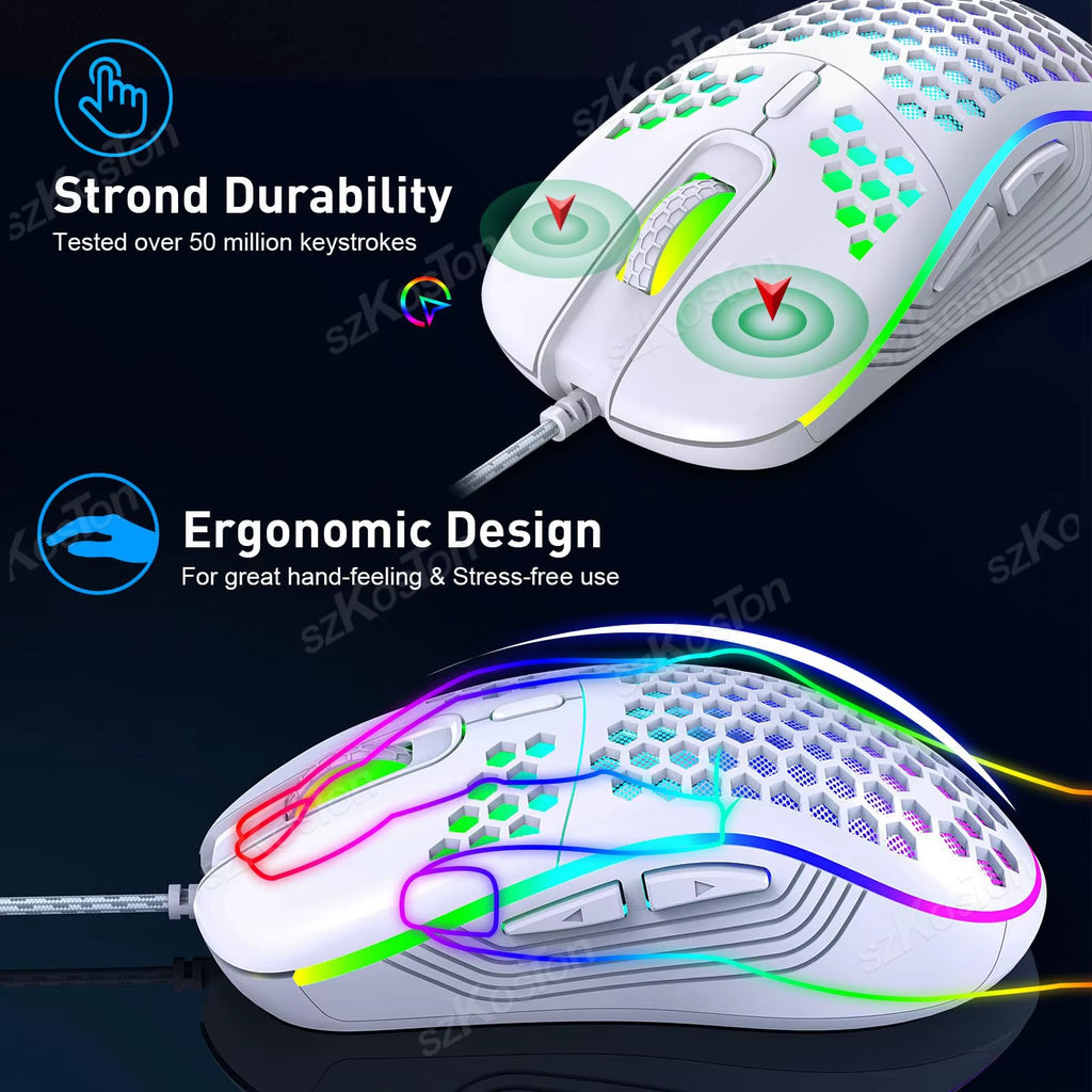 Honeycomb Wired Gaming Mouse RGB Backlight 7200 Adjustable DPI Ergonomic USB Computer Mice for Windows PC & Laptop Gamers