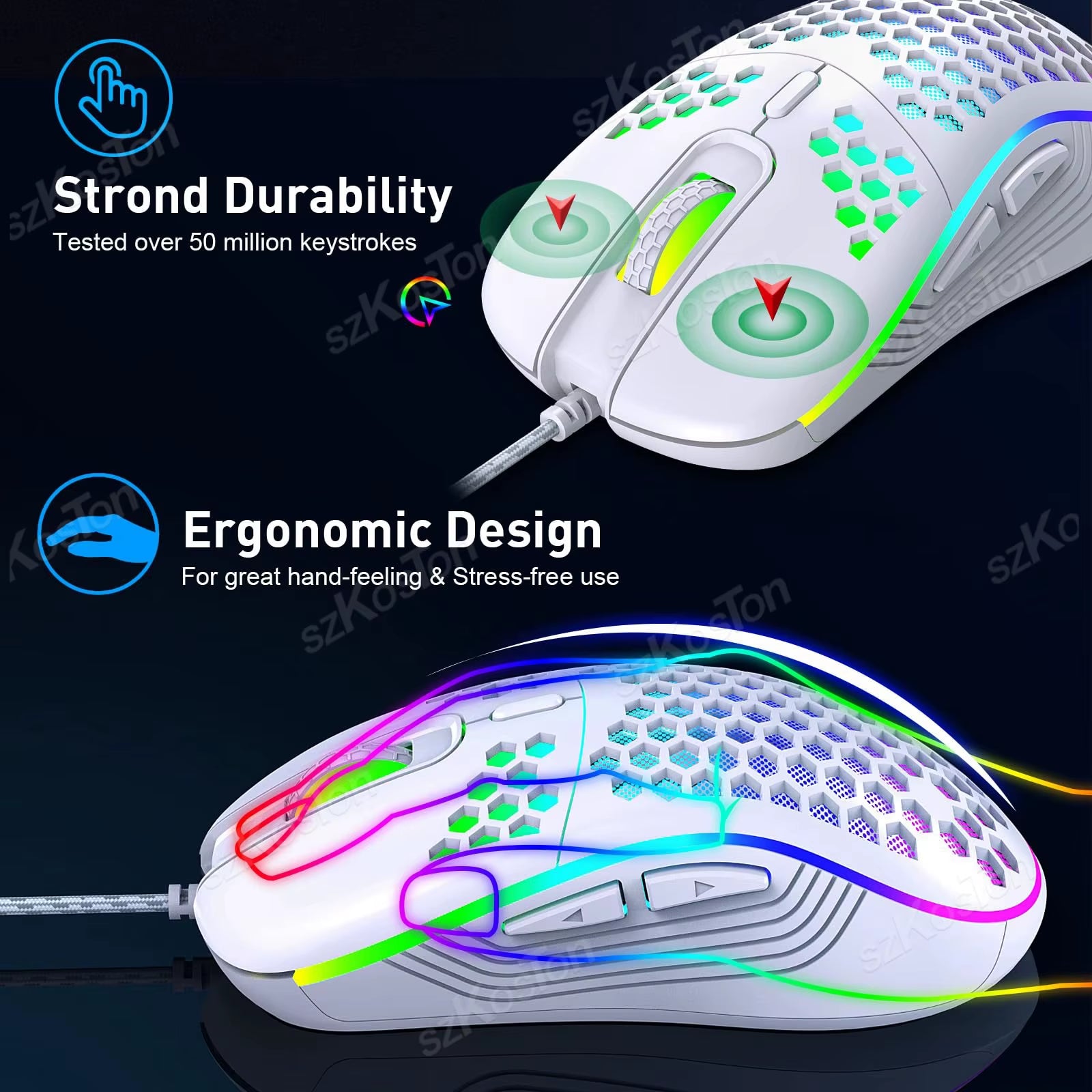 Honeycomb Wired Gaming Mouse RGB Backlight 7200 Adjustable DPI Ergonomic USB Computer Mice for Windows PC & Laptop Gamers