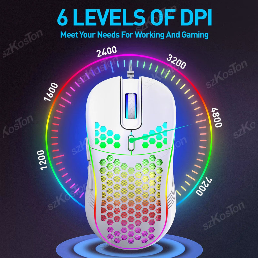 Honeycomb Wired Gaming Mouse RGB Backlight 7200 Adjustable DPI Ergonomic USB Computer Mice for Windows PC & Laptop Gamers