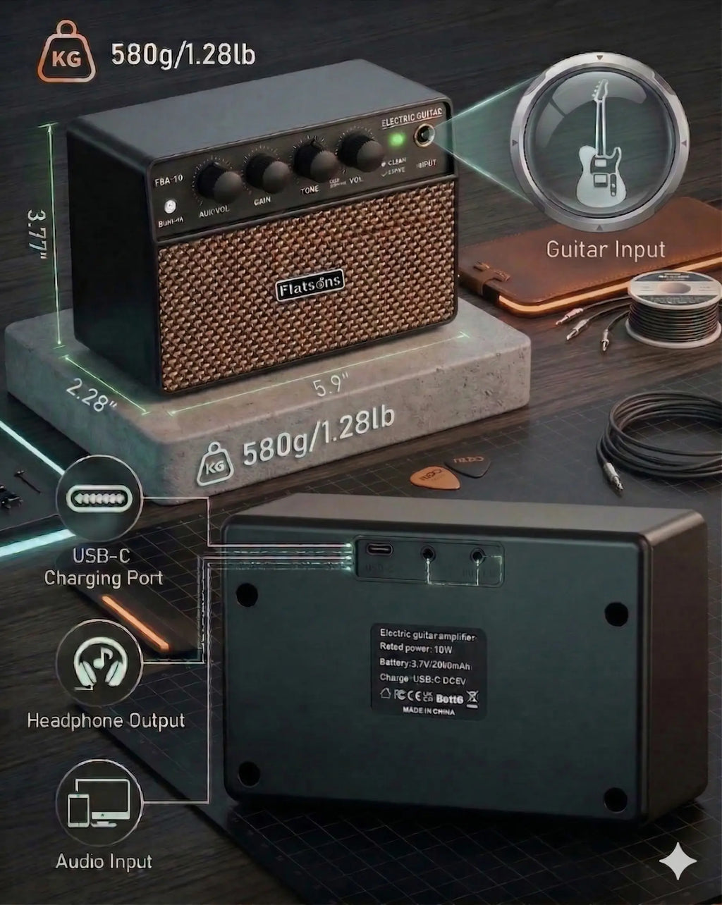 Flatsons FBA-10 Guitar Amp, 3.5Mm Headphone/Aux Jack, 10W Mini Electric Guitar Amplifier with Clean/Drive Channel,,Usb-C Rechargeable, Wireless Portable Amp for Indoor Practice, Traveling，6H Working