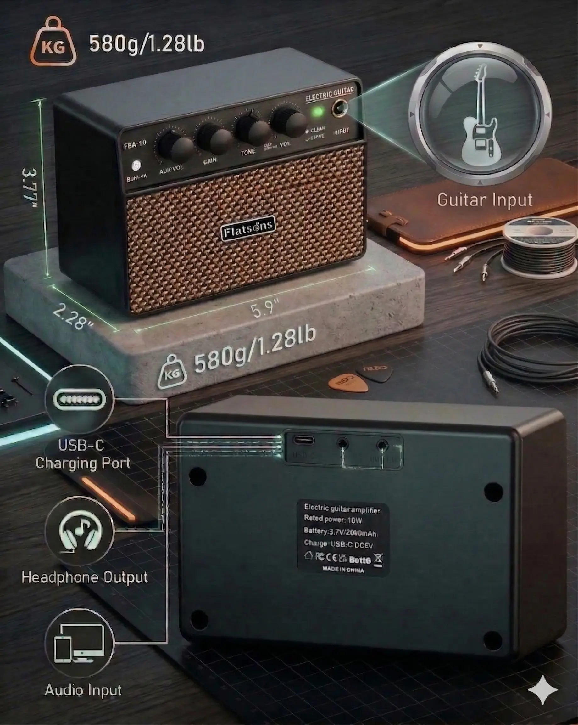 Flatsons FBA-10 Guitar Amp, 3.5Mm Headphone/Aux Jack, 10W Mini Electric Guitar Amplifier with Clean/Drive Channel,,Usb-C Rechargeable, Wireless Portable Amp for Indoor Practice, Traveling，6H Working