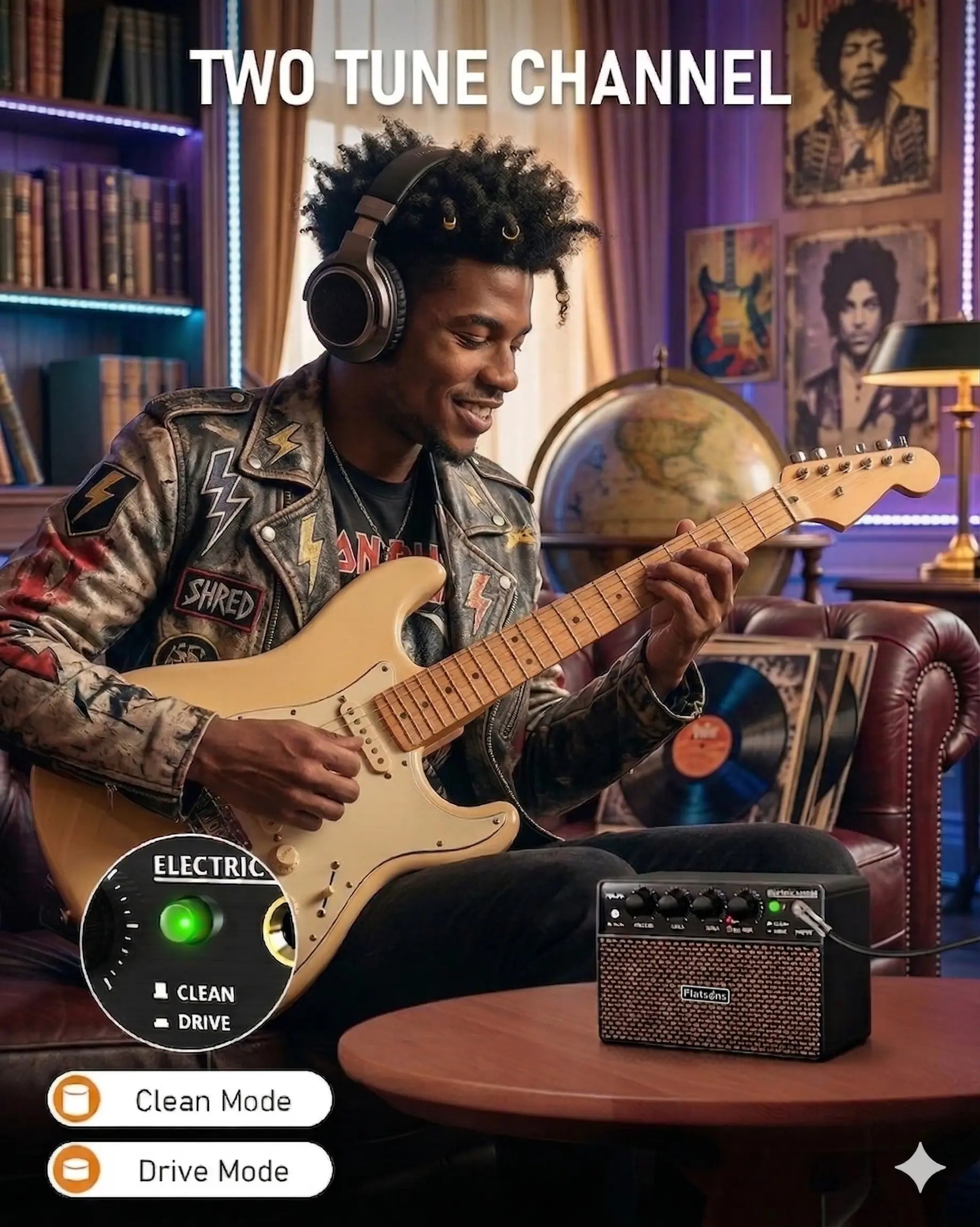 Flatsons FBA-10 Guitar Amp, 3.5Mm Headphone/Aux Jack, 10W Mini Electric Guitar Amplifier with Clean/Drive Channel,,Usb-C Rechargeable, Wireless Portable Amp for Indoor Practice, Traveling，6H Working